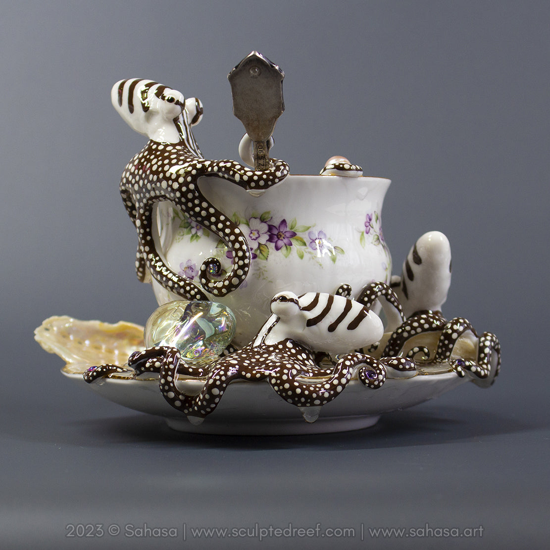 No.32 CHANTILLY - Octopus Tea Cup Signature Series - Larger Pacific Striped Octopus Sculpture