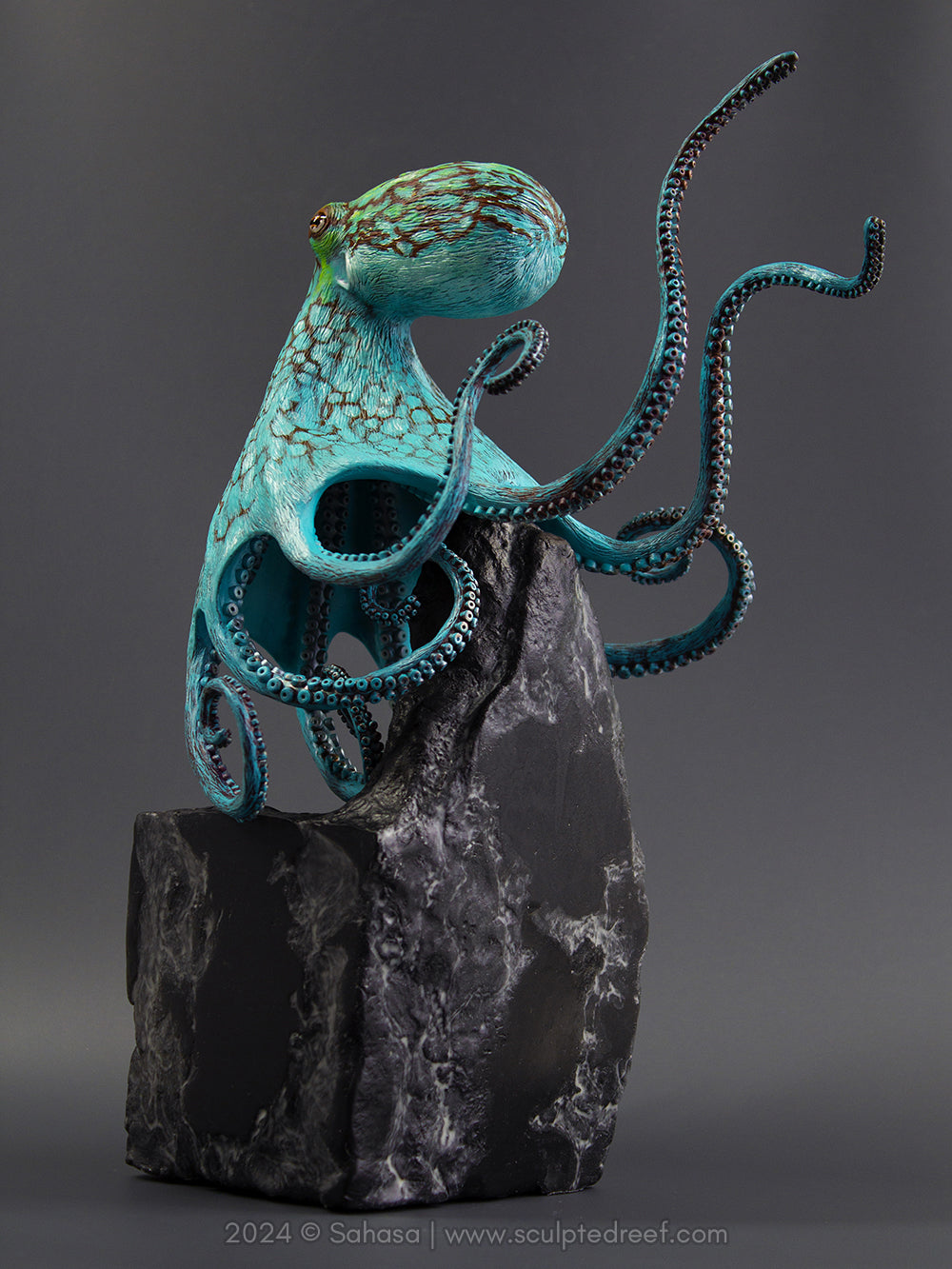 AURORA - 180 x 205 x 305mm - OOAK Caribbean Reef Octopus Sculpture - Sculpted and Carved Glow in the Dark Pedestal