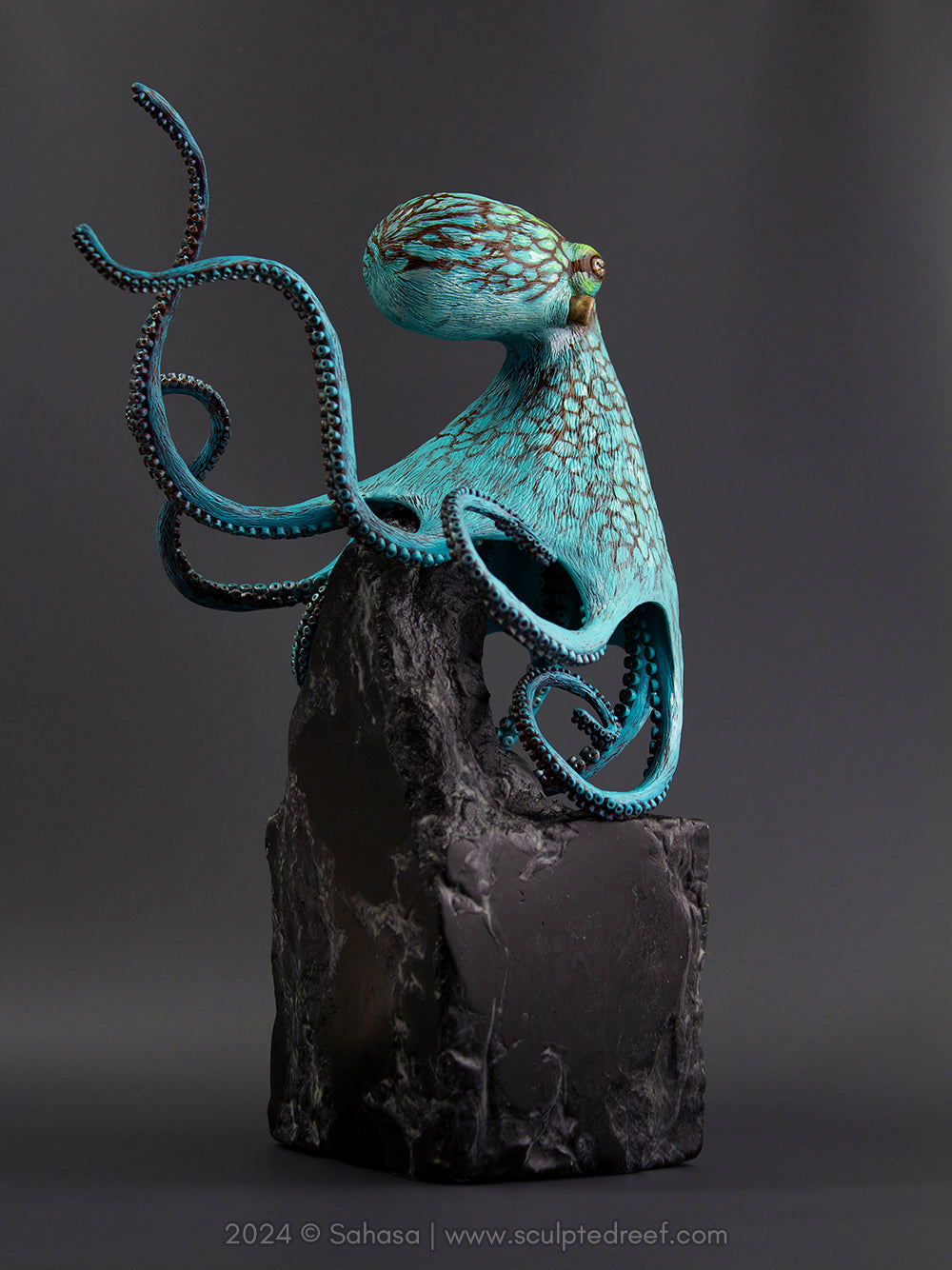 AURORA - 180 x 205 x 305mm - OOAK Caribbean Reef Octopus Sculpture - Sculpted and Carved Glow in the Dark Pedestal