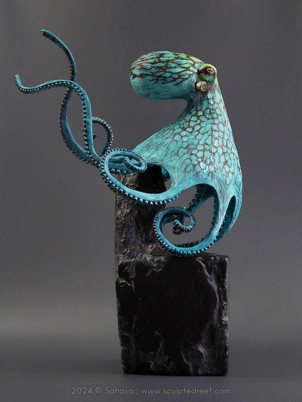 AURORA - 180 x 205 x 305mm - OOAK Caribbean Reef Octopus Sculpture - Sculpted and Carved Glow in the Dark Pedestal