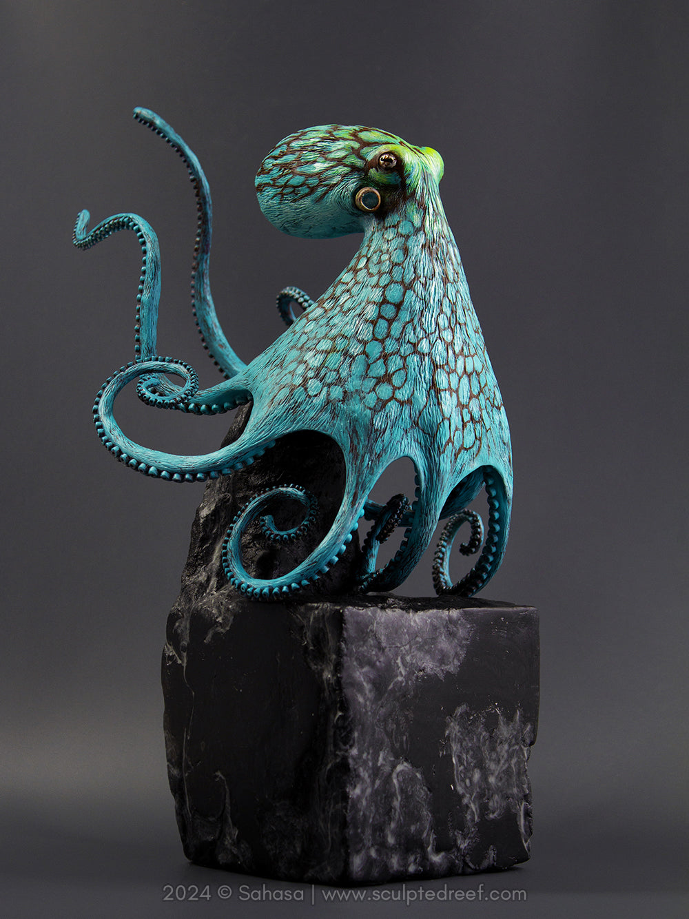 AURORA - 180 x 205 x 305mm - OOAK Caribbean Reef Octopus Sculpture - Sculpted and Carved Glow in the Dark Pedestal