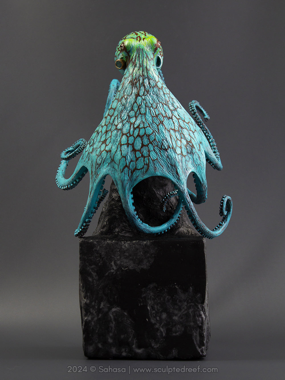 AURORA - 180 x 205 x 305mm - OOAK Caribbean Reef Octopus Sculpture - Sculpted and Carved Glow in the Dark Pedestal