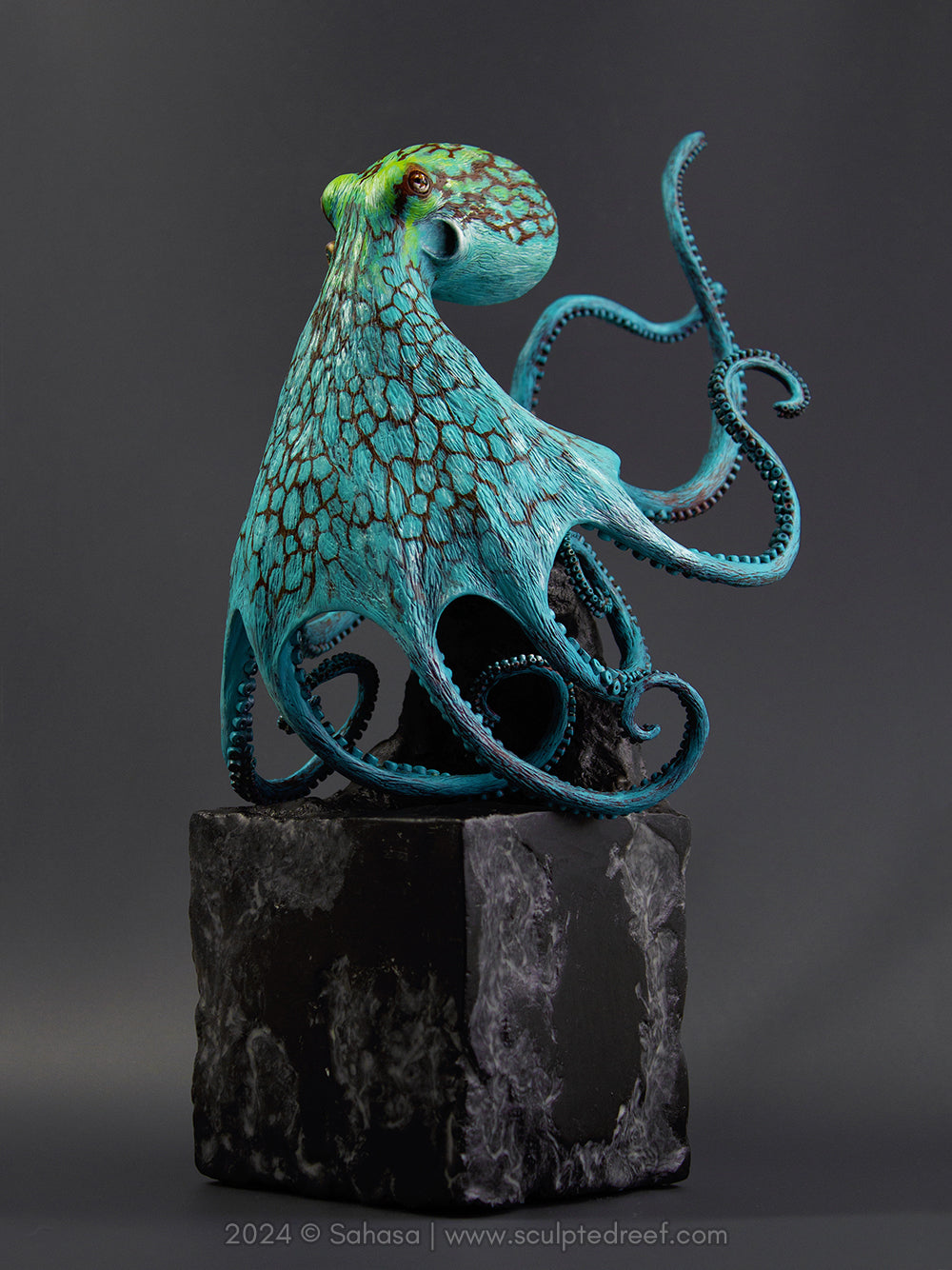 AURORA - 180 x 205 x 305mm - OOAK Caribbean Reef Octopus Sculpture - Sculpted and Carved Glow in the Dark Pedestal