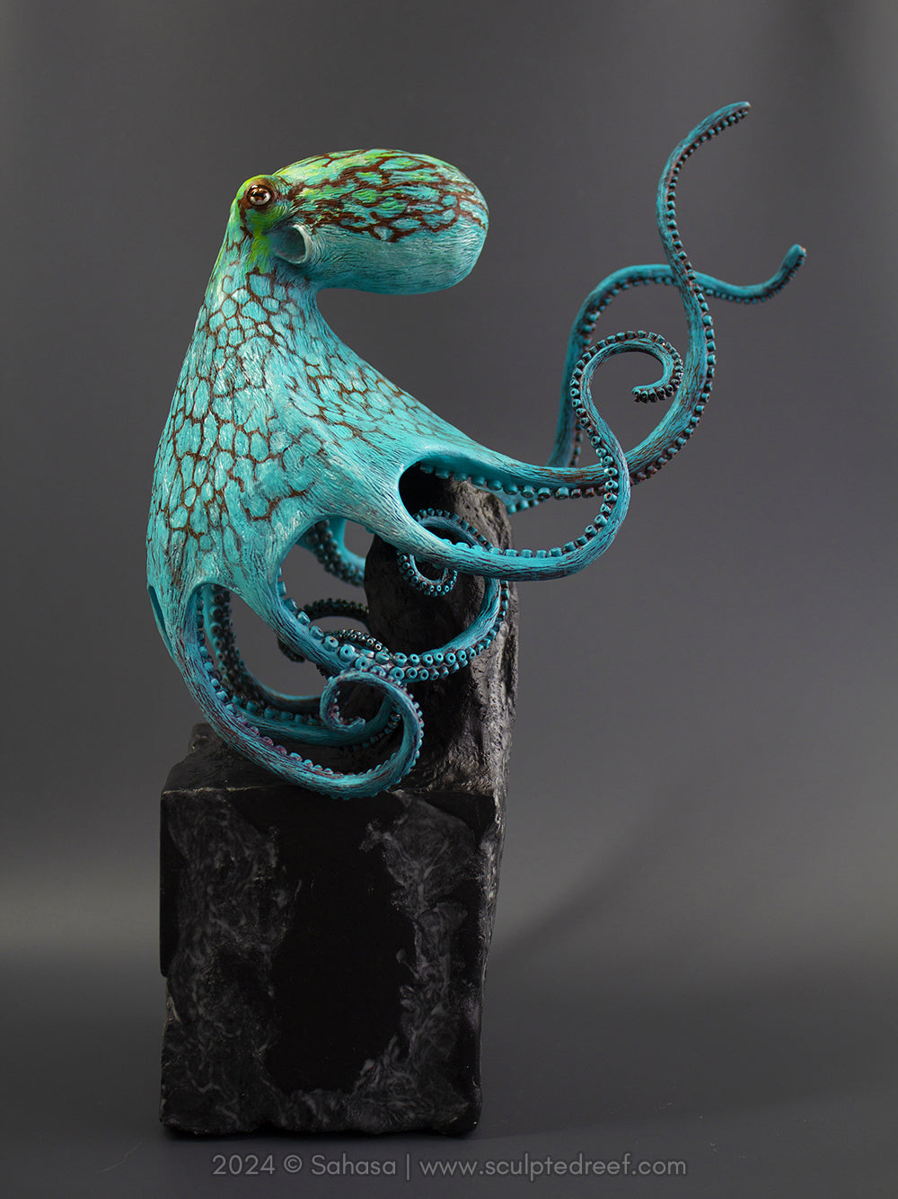 AURORA - 180 x 205 x 305mm - OOAK Caribbean Reef Octopus Sculpture - Sculpted and Carved Glow in the Dark Pedestal