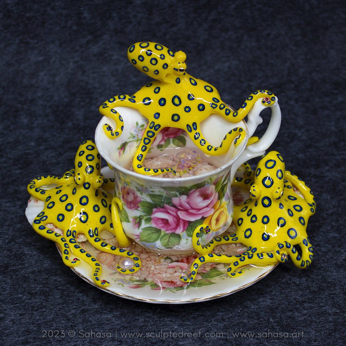 No.36 SUMMER'S ROSE - Octopus Tea Cup Signature Series - Blue Ringed Octopus Sculpture