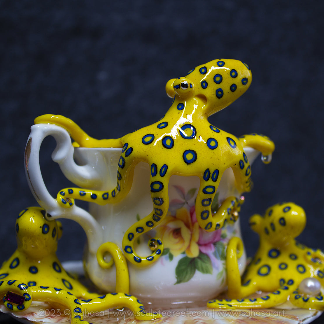 No.36 SUMMER'S ROSE - Octopus Tea Cup Signature Series - Blue Ringed Octopus Sculpture