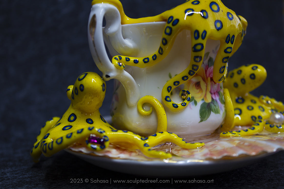 No.36 SUMMER'S ROSE - Octopus Tea Cup Signature Series - Blue Ringed Octopus Sculpture