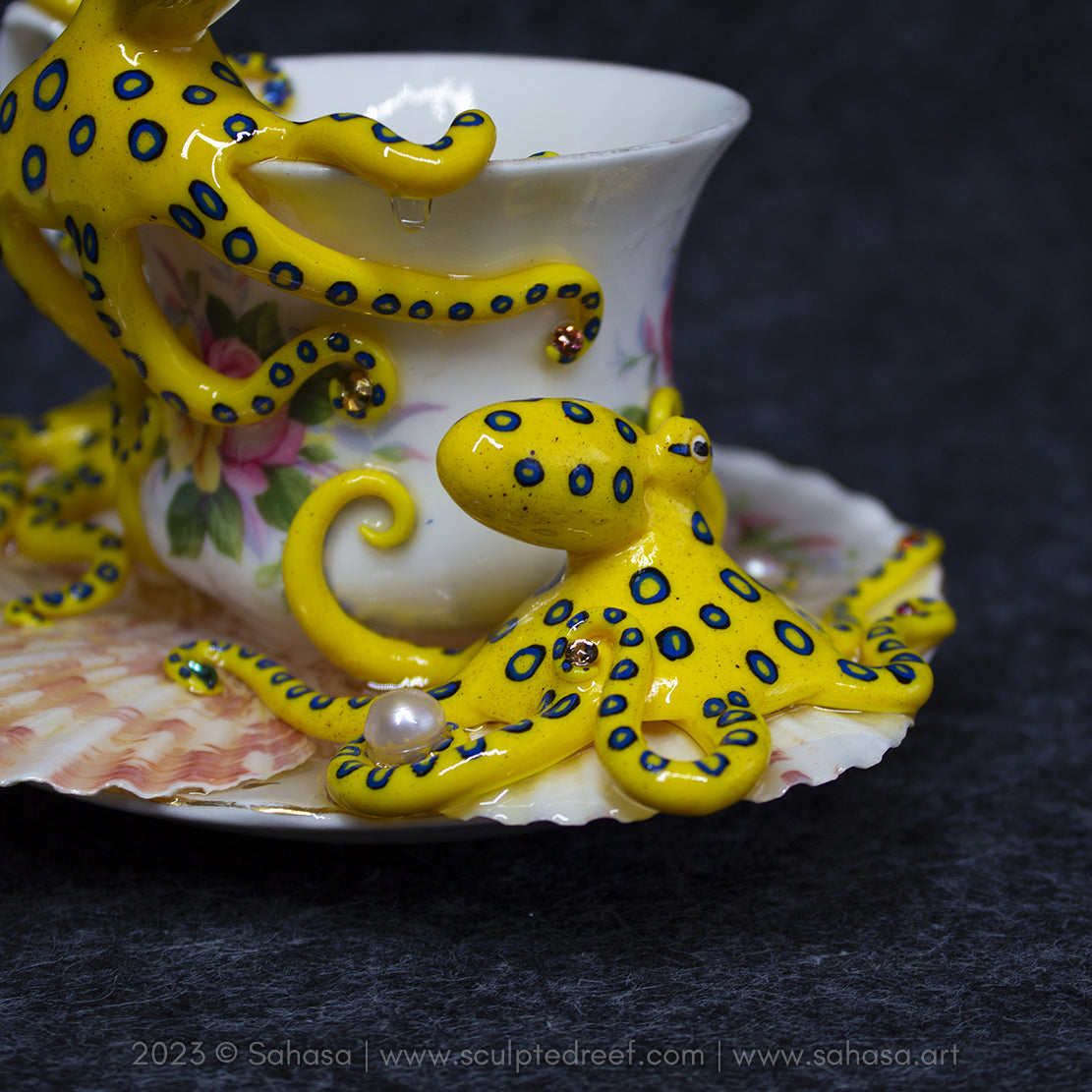 No.36 SUMMER'S ROSE - Octopus Tea Cup Signature Series - Blue Ringed Octopus Sculpture