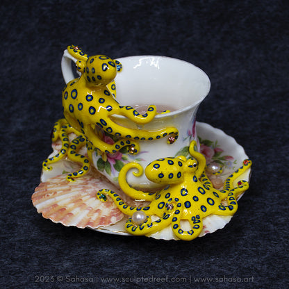 No.36 SUMMER'S ROSE - Octopus Tea Cup Signature Series - Blue Ringed Octopus Sculpture