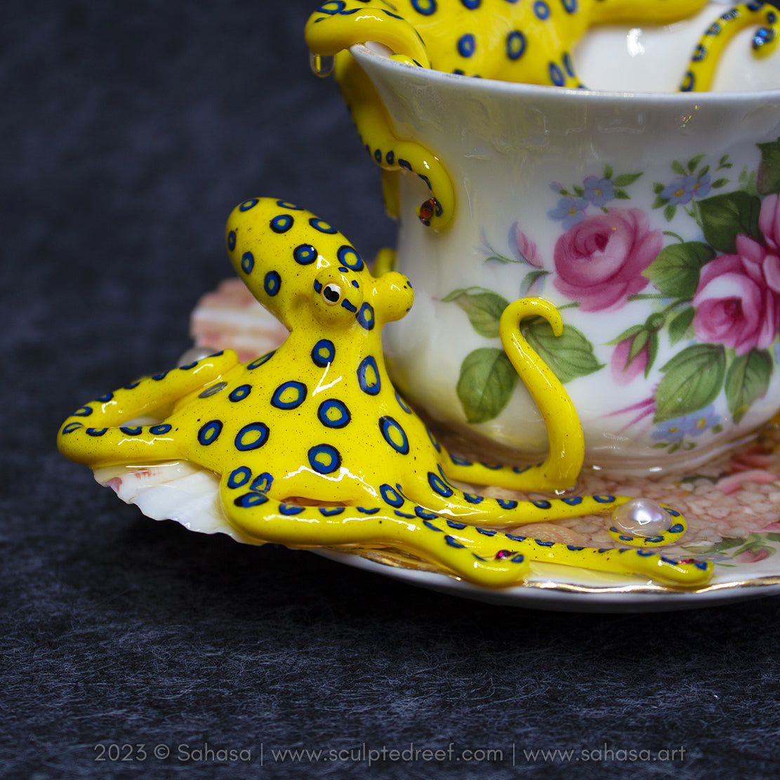 No.36 SUMMER'S ROSE - Octopus Tea Cup Signature Series - Blue Ringed Octopus Sculpture