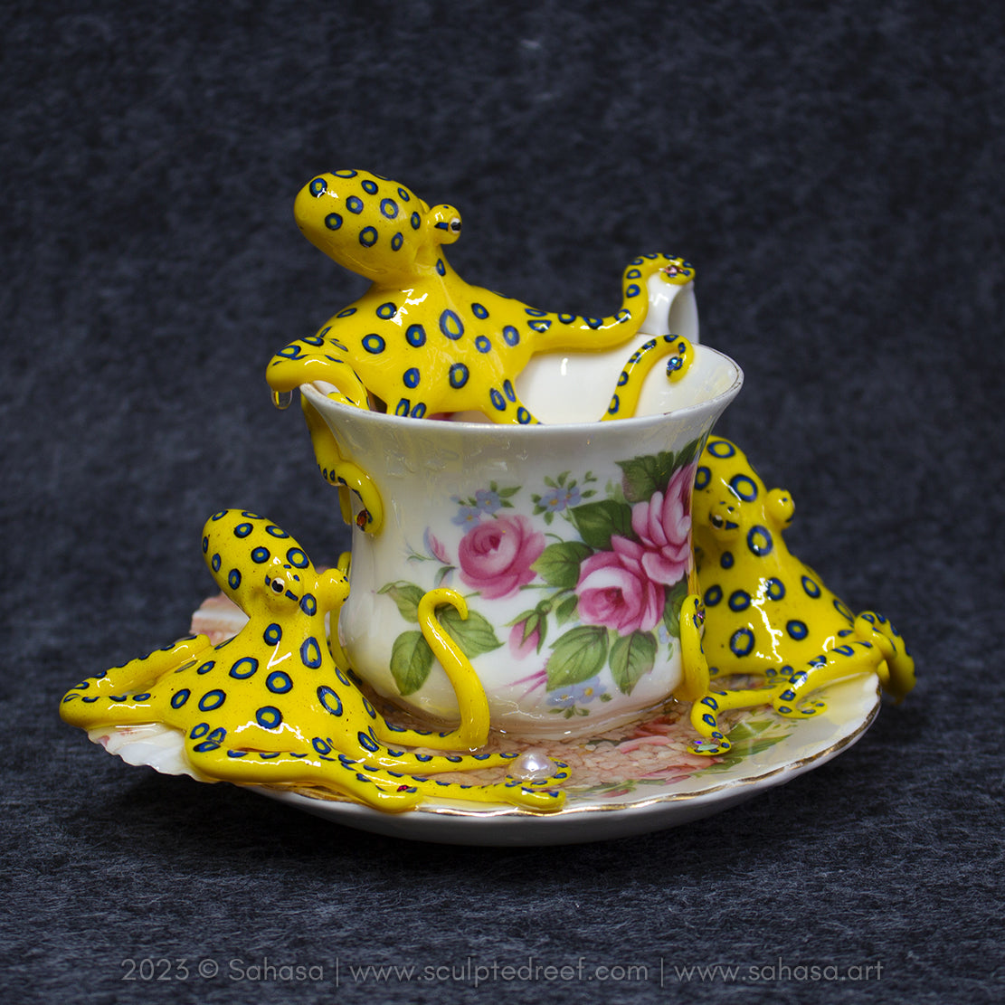 No.36 SUMMER'S ROSE - Octopus Tea Cup Signature Series - Blue Ringed Octopus Sculpture