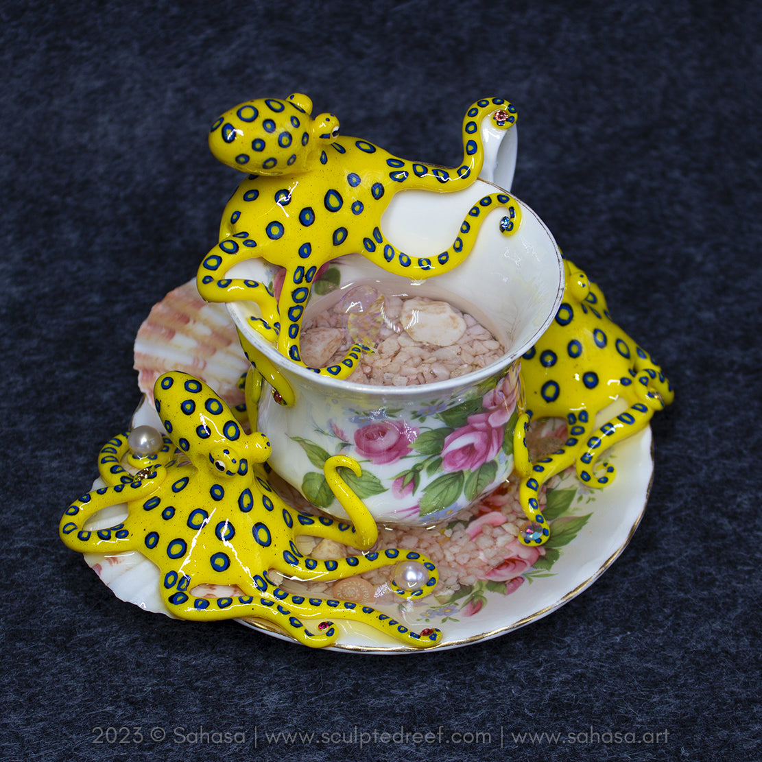 No.36 SUMMER'S ROSE - Octopus Tea Cup Signature Series - Blue Ringed Octopus Sculpture