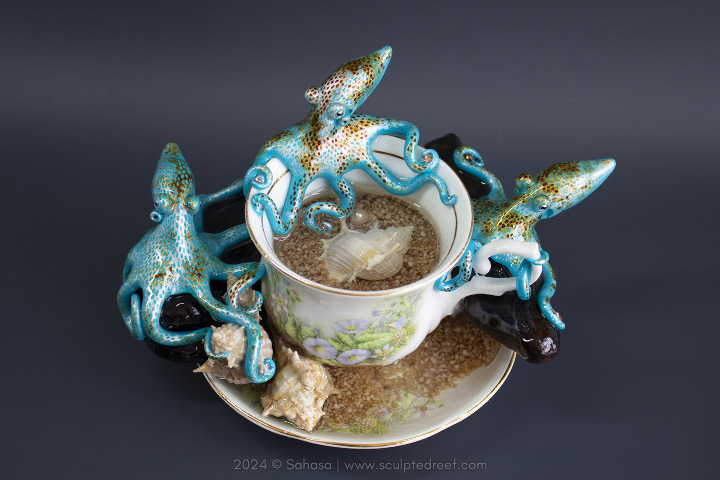 No.41 REEF DREAMS V - Octopus Tea Cup Signature Series - Caribbean Reef Octopus Sculpture