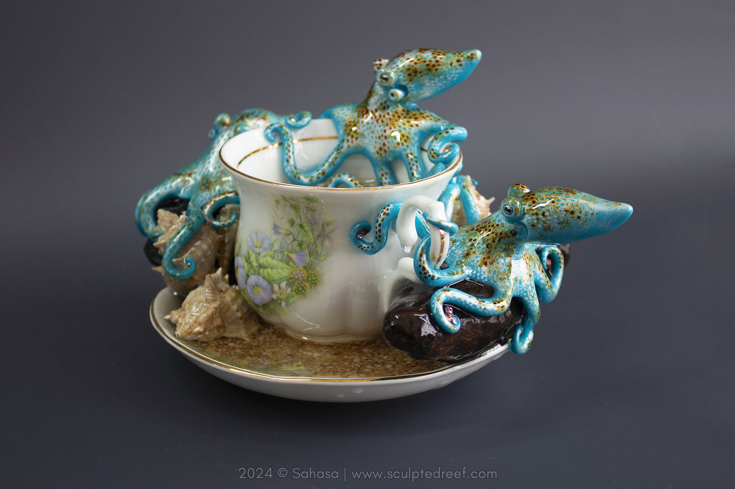 No.41 REEF DREAMS V - Octopus Tea Cup Signature Series - Caribbean Reef Octopus Sculpture