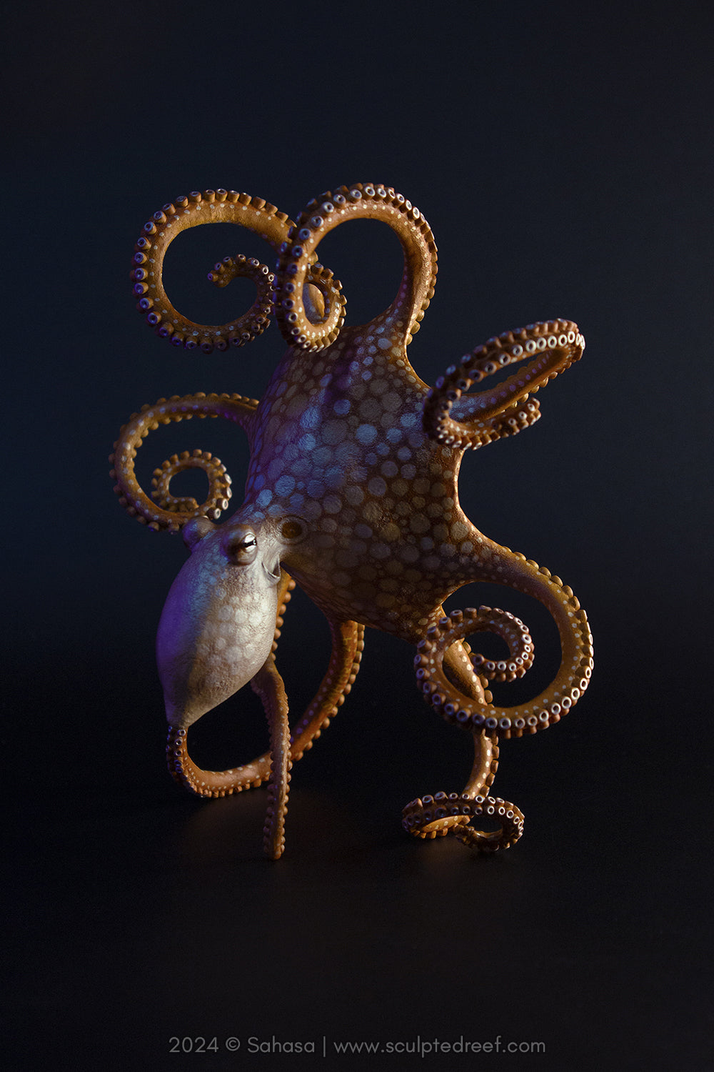 MAKANA - 70 x 145 x 145mm - OOAK Day Octopus Sculpture with separate Agate base