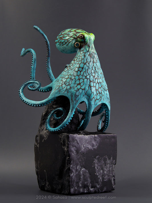 AURORA - 180 x 205 x 305mm - OOAK Caribbean Reef Octopus Sculpture - Sculpted and Carved Glow in the Dark Pedestal