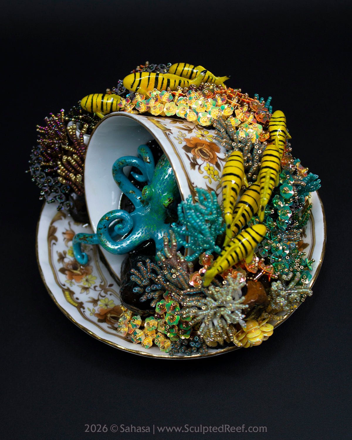 No.18 "A Reef Symphony" Sculpted Reef Series - Golden Trevally and Caribbean Reef Octopus Sculpture