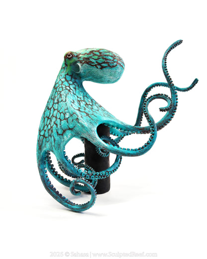 AURORA - 180 x 205 x 305mm - OOAK Caribbean Reef Octopus Sculpture - Sculpted and Carved Glow in the Dark Pedestal